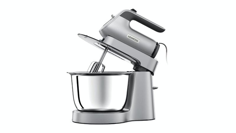 Kenwood Chefette 650W mixer in silver with variable speeds, splashguard, and ergonomic design for versatile baking tasks.