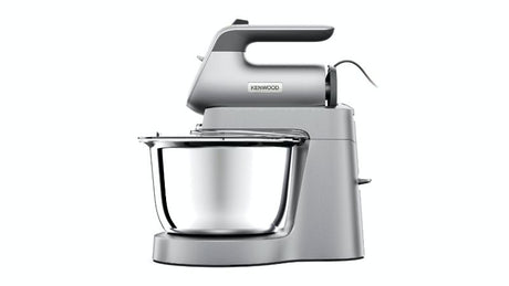 Kenwood Chefette Stand & Hand Mixer in silver with 650W motor, featuring variable speeds, splashguard, and ergonomic design.