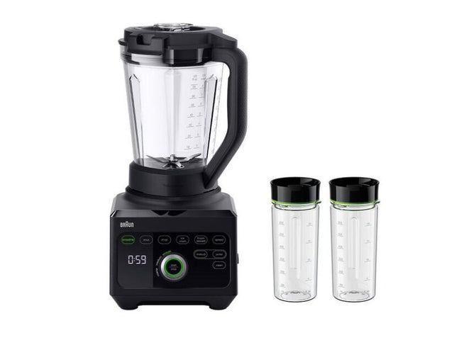 Braun PowerBlend 9 Jug in black features advanced blending technology, PrecisionEdge blade, and customizable settings for smoothies and soups.