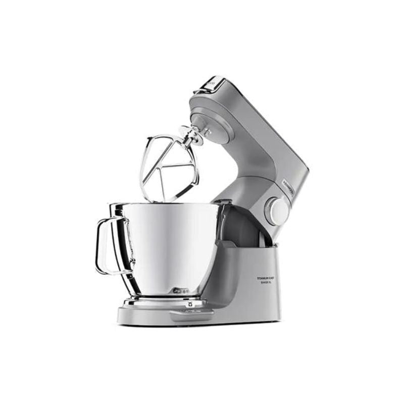 Kenwood Titanium Chef Baker XL stand mixer in silver with 7L bowl and digital controls for efficient baking and mixing.