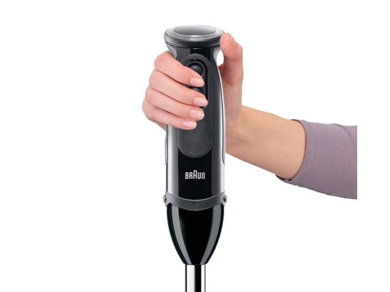 Braun MultiQuick 5 Vario Hand Blender with 1000W motor, SplashControl, and 21-speed for versatile food prepping and blending.