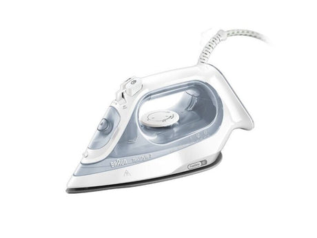 Braun TexStyle 3 Steam Iron in white and grey, featuring 2350 watts, precision tip, anti-drip system, and FreeGlide 3D Technology.