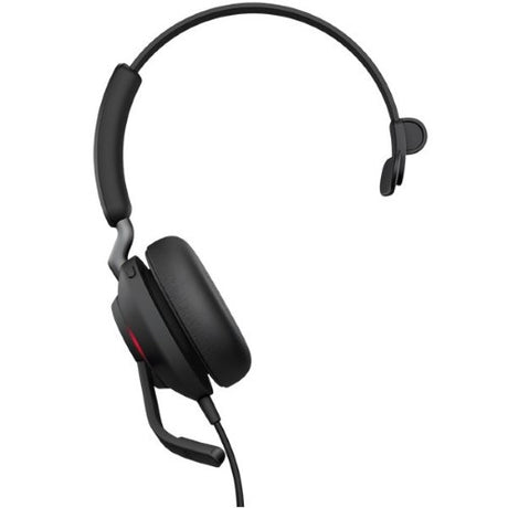 Jabra Evolve2 40 SE Mono Wired Headset with plush cushions, USB-A connection, and Microsoft Teams notifications for professionals.