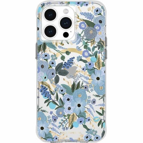 Floral Garden Party Blue MagSafe phone case for iPhone 15 Plus, featuring 12-foot drop protection and eco-friendly materials.