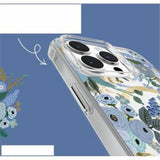 Floral Rifle Paper Co. phone case in Garden Party Blue for iPhone 15 Plus, offering 12-ft drop protection and MagSafe compatibility.