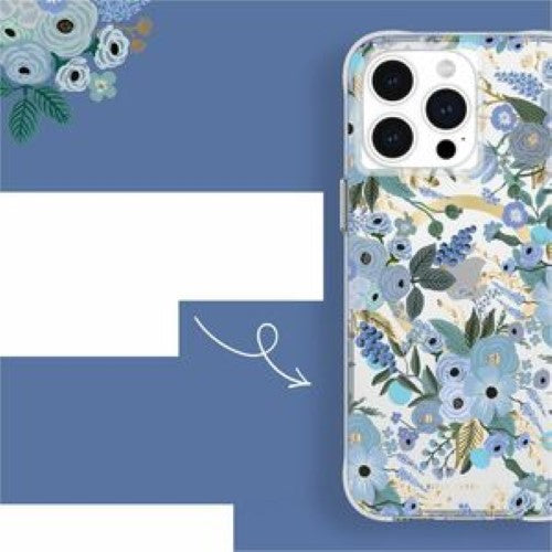 Garden Party Blue phone case for iPhone 15 Plus, featuring floral design, 12ft drop protection, and MagSafe compatibility.