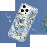 Rifle Paper Co. Garden Party Blue phone case for iPhone 15 Plus, featuring floral design, drop protection, and MagSafe compatibility.