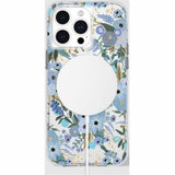 Floral-patterned Garden Party Blue phone case for iPhone 15 Plus, featuring 12ft drop protection and MagSafe compatibility.