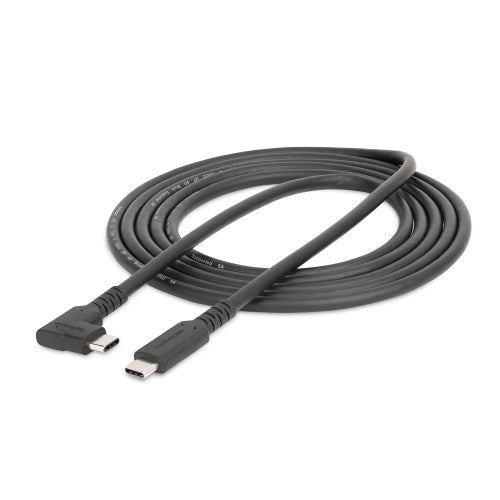 Rugged 6ft right angle USB-C cable for fast 5 Gbps data transfer, 100W charging, and 4K video, ideal for tight spaces.