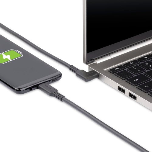 Rugged 6ft right angle USB-C cable for fast data transfer, charging, and optimized routing in tight spaces.