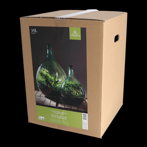 Glass terrarium bottle set (35L) with cork and tools, ideal for creating a self-sustaining indoor garden ecosystem.