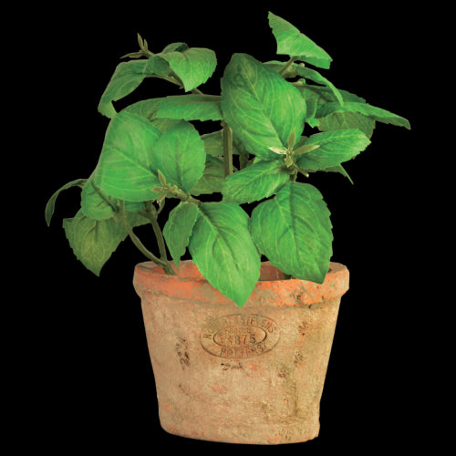 Set of 4 artificial basil plants in decorative terracotta pots, measuring 9 x 9 x 16cm, perfect for low-maintenance decor.