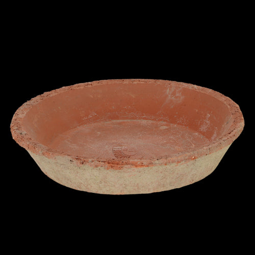 Set of 12 round terracotta saucers, 16cm diameter, designed to catch excess water for healthy potted plants.