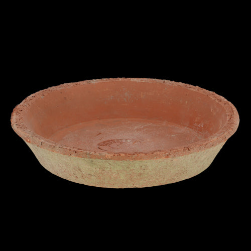 Set of 12 round terracotta saucers (16cm) with rustic Tuscan design, perfect for keeping potted plants healthy.