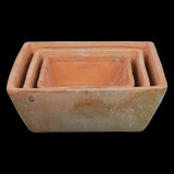 Set of 3 handcrafted terracotta square pots in varying sizes, featuring a rustic Tuscan design for indoor or outdoor use.