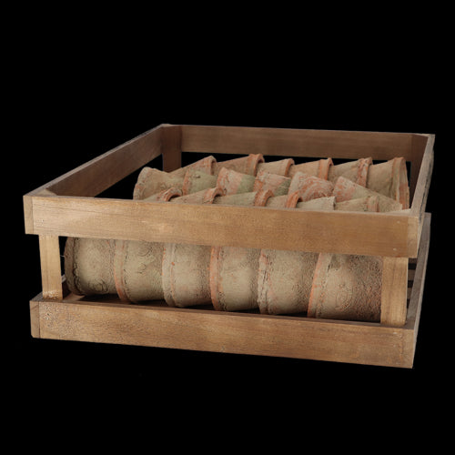 Rustic terracotta pots set in a wooden crate, perfect for stylish indoor or outdoor gardening, includes 24 handcrafted pots.