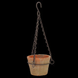 Handcrafted aged terracotta hanging pot (12x8cm) with drainage hole and hook, perfect for small plants or herbs.