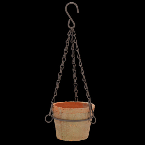 Aged terracotta hanging pot (12x8cm) with a rustic finish, drainage hole, and hook for stylish vertical garden displays.