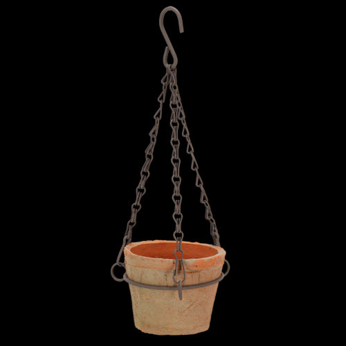 Handcrafted aged terracotta hanging pot (12 x 8cm) with drainage hole, perfect for small plants and decorative flowers.