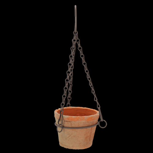 Handcrafted aged terracotta hanging pot (12 x 8cm) with drainage hole and hook, perfect for small plants and herbs.