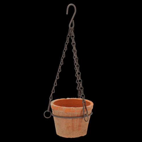 Aged terracotta hanging pot (12 x 8cm) with rustic finish, drainage hole, and hook for indoor or outdoor plants.