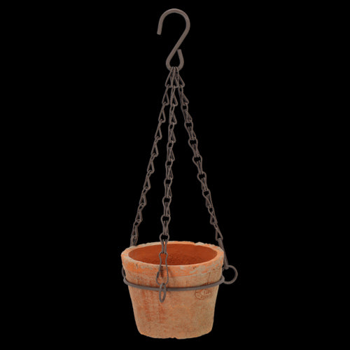 Handcrafted aged terracotta hanging pot (12 x 8cm) with drainage hole, perfect for small plants and rustic decor.