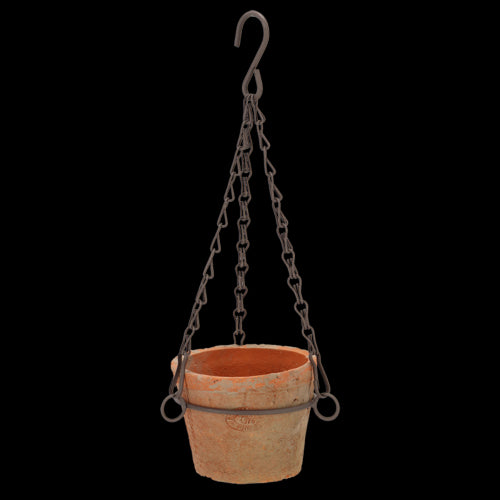 Aged terracotta hanging pot (12 x 8cm) with rustic finish, drainage hole, and built-in hook for indoor/outdoor decor.