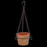 Aged terracotta hanging pot (12 x 8cm) with rustic finish, drainage hole, and built-in hook for indoor/outdoor decor.