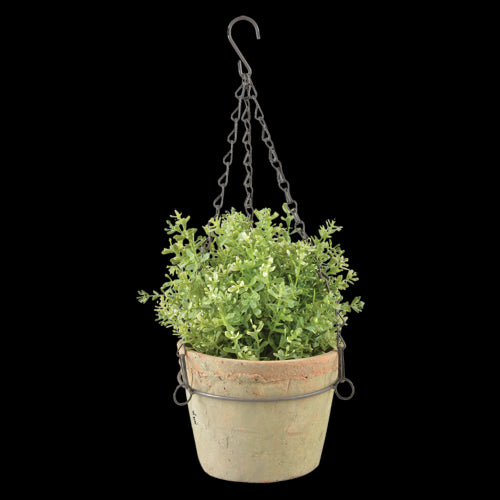 Handcrafted aged terracotta hanging pot (17 x 12cm) with a drainage hole, perfect for indoor or outdoor plants.