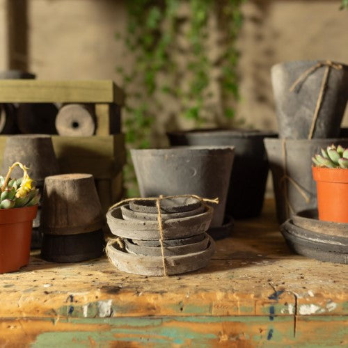 Handcrafted terracotta saucer set of 6 with a rustic Tuscan design for stylish plant display and drainage.