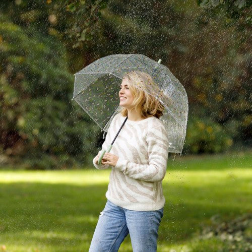 Transparent umbrella with whimsical bee print, automatic opening, 81x81x83cm, perfect for stylish rainy day outings.