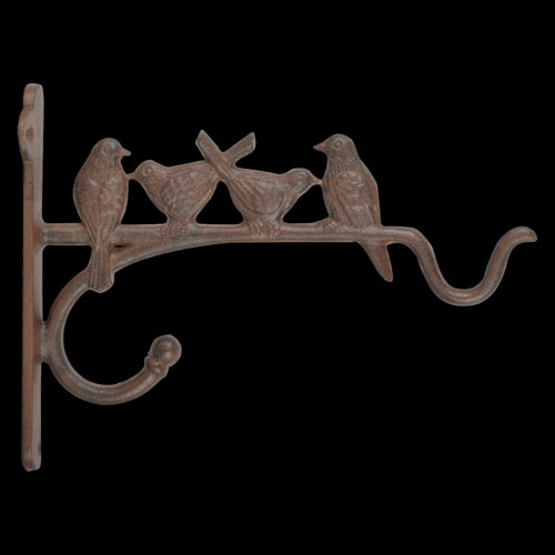 Decorative cast iron hanging hook featuring a bird motif, perfect for hanging baskets or lanterns in your garden.