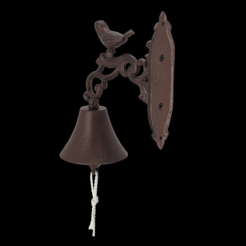 Rustic cast iron doorbell featuring a charming bird design, perfect for welcoming guests at your home or garden shed.