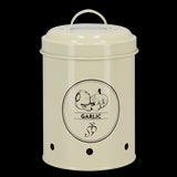 Stylish garlic storage tin with ventilation holes, 12x12x17cm, keeps cloves fresh in a cool, dark environment.