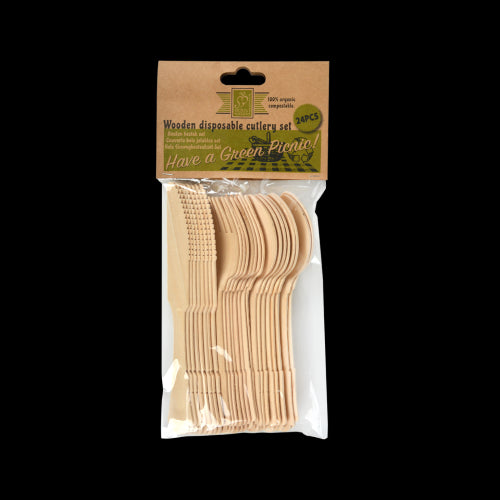 Set of 8 biodegradable wooden cutlery, featuring unique wood grain, perfect for eco-friendly dining at any gathering.