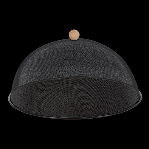 Stylish black 43cm mesh food cover with beech wood handle, protects outdoor meals from insects during dining.