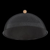 Stylish black 43cm mesh food cover with beech wood handle, protects outdoor meals from insects during dining.