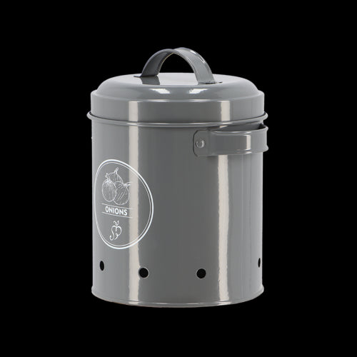 Stylish onion charcoal storage tin with ventilation holes, measuring 17 x 15 x 20cm, perfect for preserving onions.