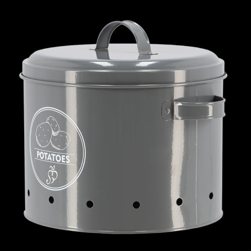 Charcoal storage tin with potato print, designed for freshness and ventilation, measuring 27 x 23 x 21cm.