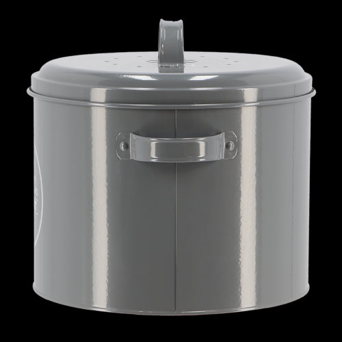 Stylish charcoal storage tin composter (27 x 23 x 21cm) for kitchen waste, features odor filter and easy-clean interior.