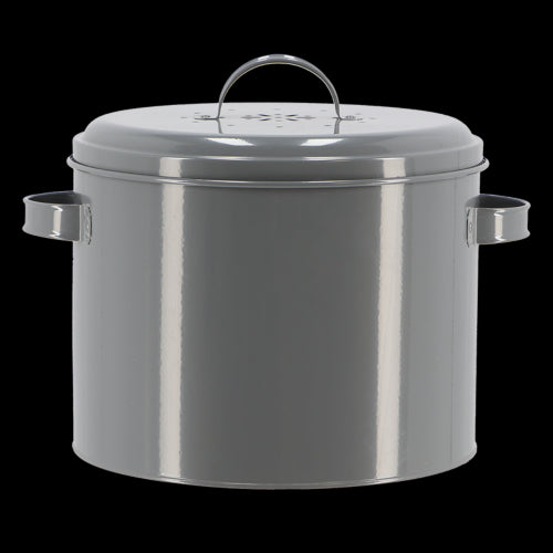 Stylish charcoal storage tin composter (27x23x21cm) with odor-filtering lid and ventilation for easy kitchen composting.