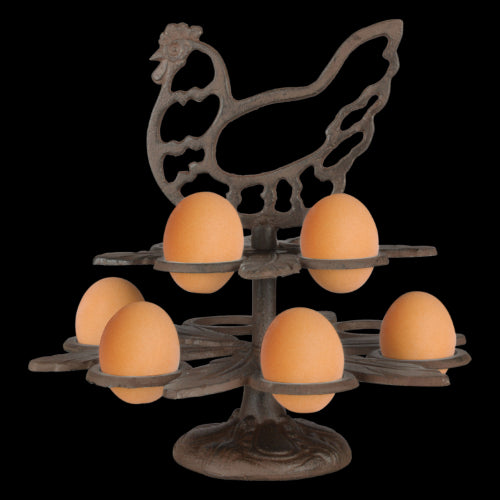 Cast iron egg holder measuring 25 x 25 x 26 cm, elegantly showcasing 10 eggs with rustic charm and sturdy design.