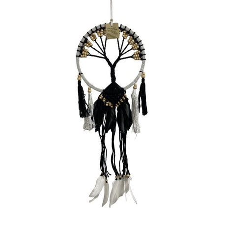 Black and white Tree Of Life dreamcatcher, 22cm, symbolizing harmony and capturing negativity for peaceful sleep.