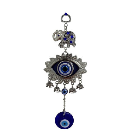 Hand-crafted glass Evil Eye Elephant charm, symbolizing protection and positivity, perfect for home decor or gifting.