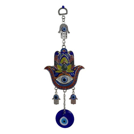 Vibrant Evil Eye Hamsa charm, crafted from glass, offers spiritual protection and positivity against negativity.