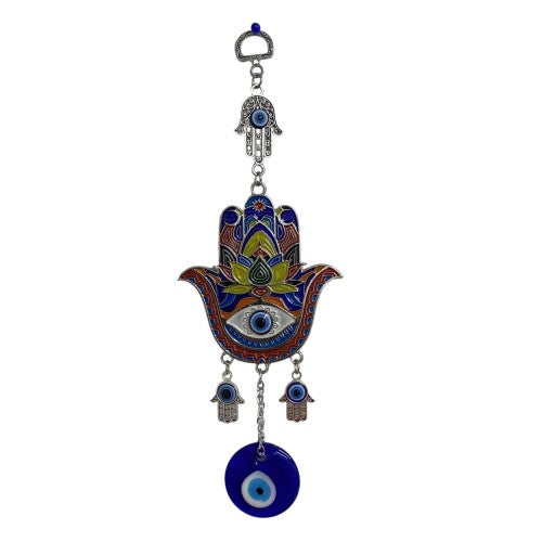 Vibrant Evil Eye Hamsa charm, crafted from glass, offers spiritual protection and positivity against negativity.
