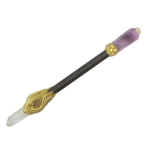 Ebony scepter featuring amethyst and rock quartz, 27 cm long, ideal for spiritual healing and meditation.