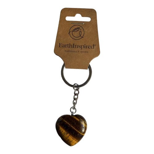 Set of 3 Tigers Eye heart keyrings with stainless steel attachments, showcasing unique natural crystal beauty and grounding energy.
