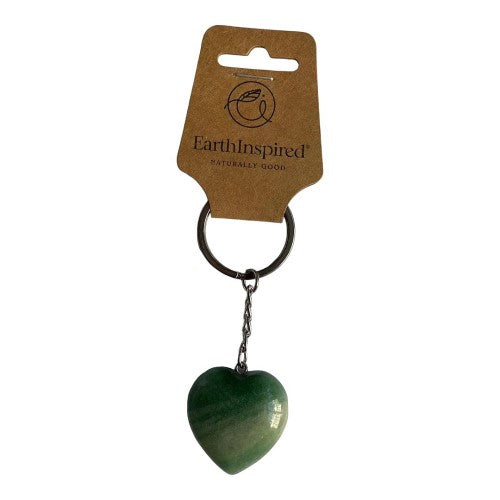 A set of 3 heart-shaped green aventurine keyrings on stainless steel, promoting positivity and unique charm.