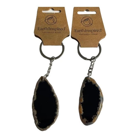Set of 3 unique black agate slice keyrings with stainless steel, showcasing natural patterns and artisanal craftsmanship.
